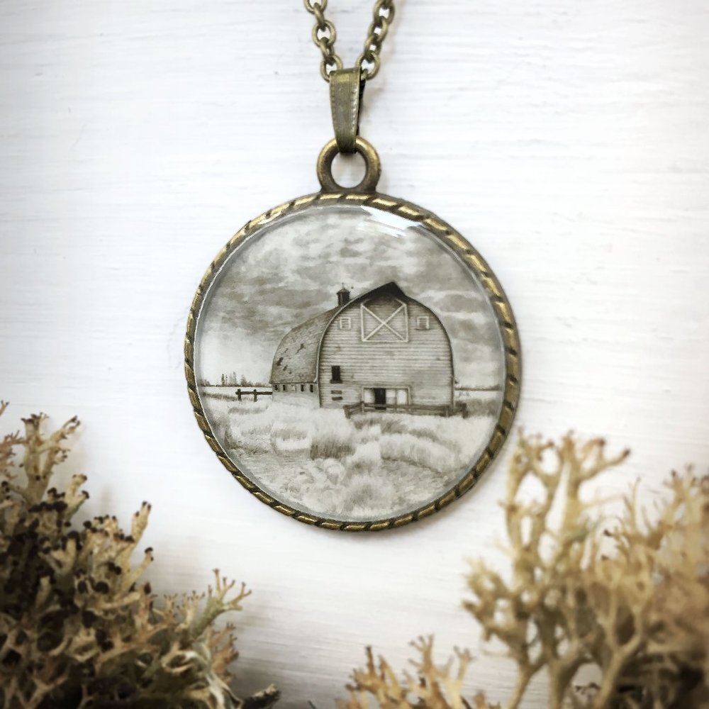 Country Life Barn Landscape Necklace / Handmade Wearable Art Pendant